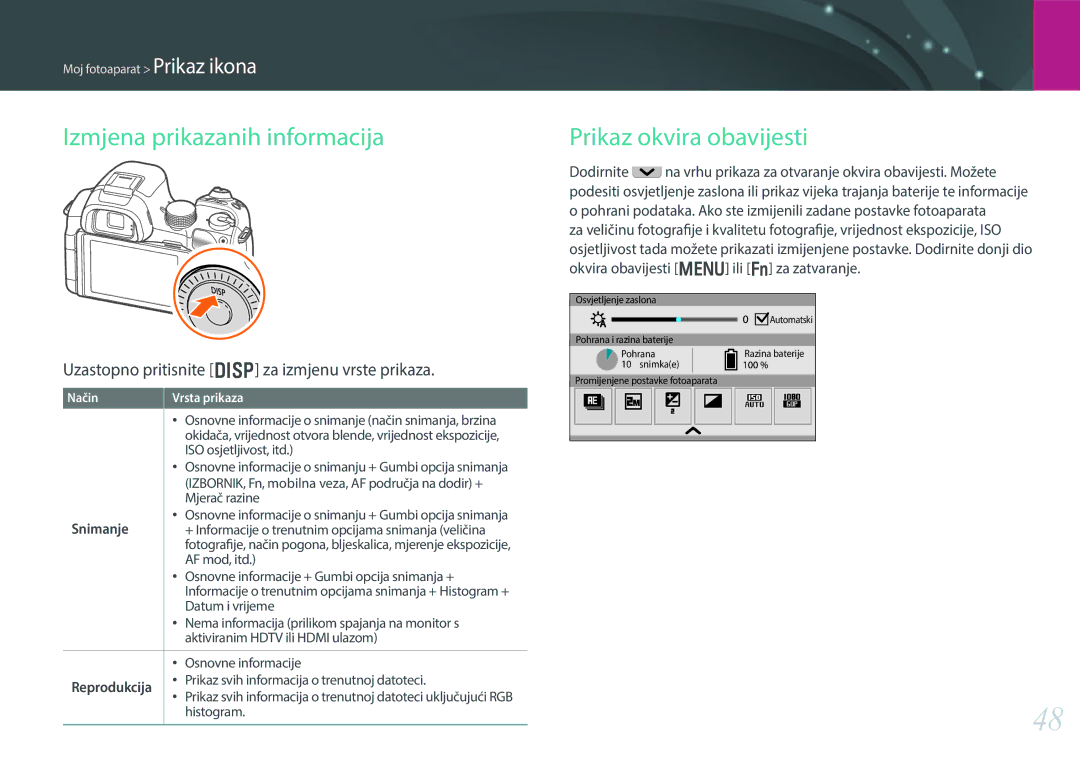 Samsung EV-NX30ZZBGBRS manual Izmjena prikazanih informacija, Prikaz okvira obavijesti, Snimanje, Reprodukcija 