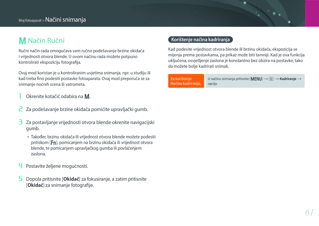 Samsung EV-NX30ZZBGBRS manual MNačin Ručni, Korištenje načina kadriranja 