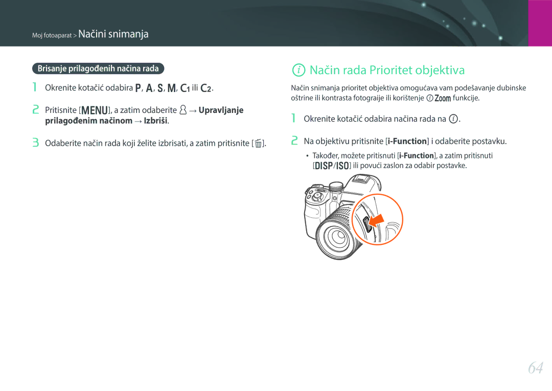 Samsung EV-NX30ZZBGBRS manual INačin rada Prioritet objektiva, Brisanje prilagođenih načina rada 