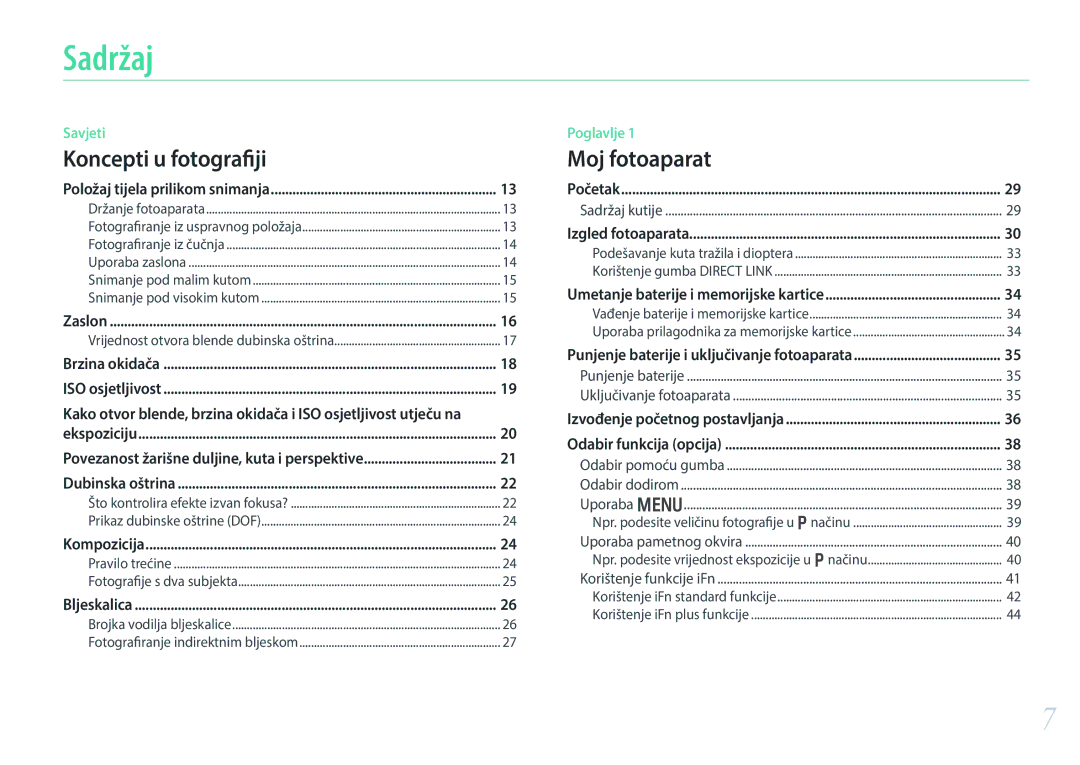 Samsung EV-NX30ZZBGBRS manual Sadržaj, Koncepti u fotografiji 