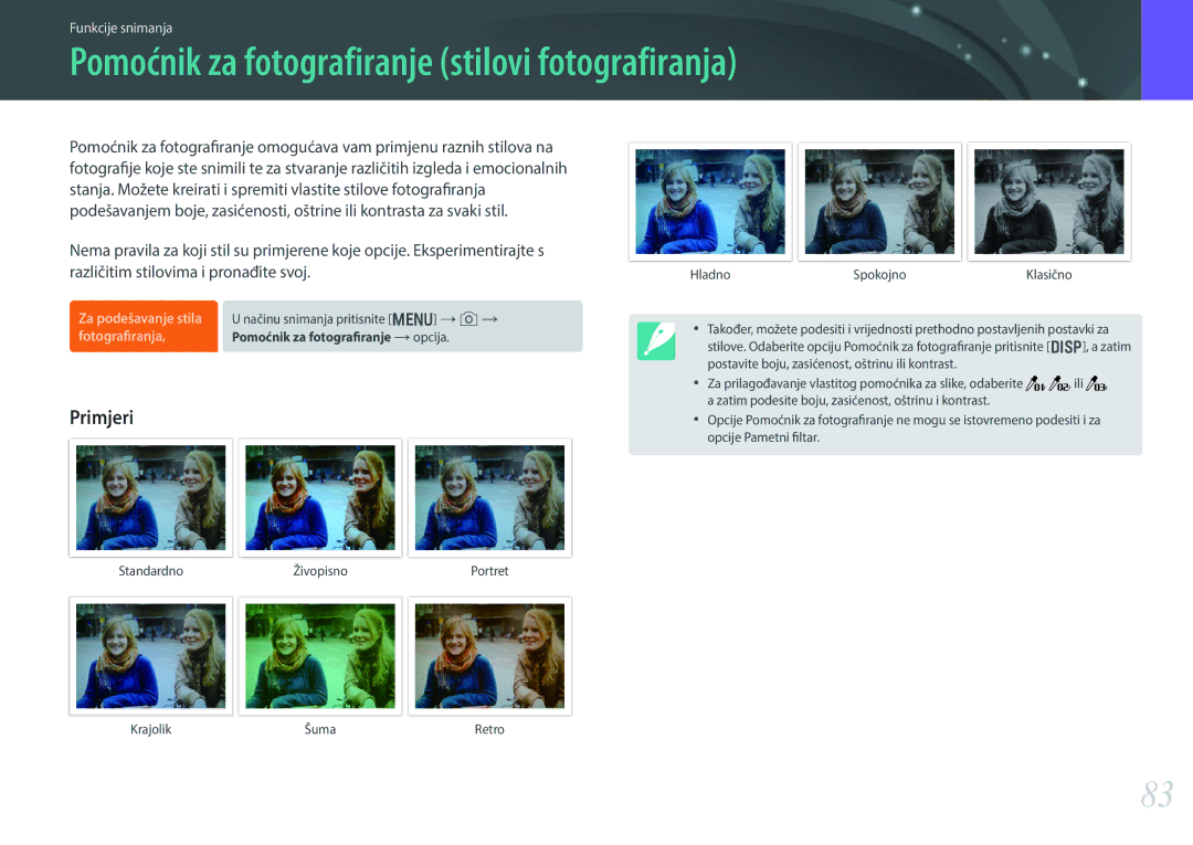 Samsung EV-NX30ZZBGBRS manual Pomoćnik za fotografiranje stilovi fotografiranja 