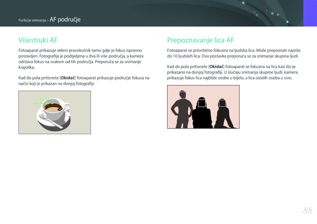 Samsung EV-NX30ZZBGBRS manual Višestruki AF, Prepoznavanje lica AF 