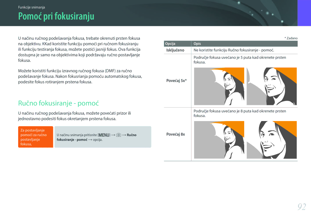 Samsung EV-NX30ZZBGBRS manual Pomoć pri fokusiranju, Ručno fokusiranje pomoć, Povećaj 
