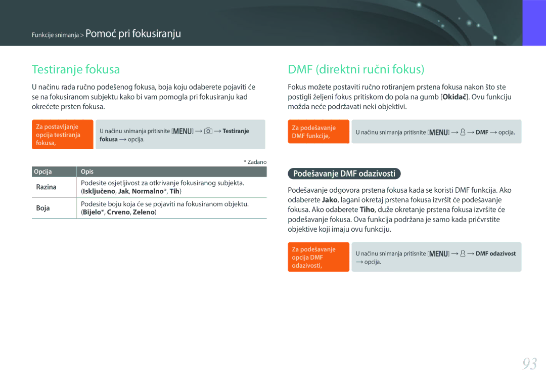 Samsung EV-NX30ZZBGBRS manual Testiranje fokusa, DMF direktni ručni fokus, Podešavanje DMF odazivosti 