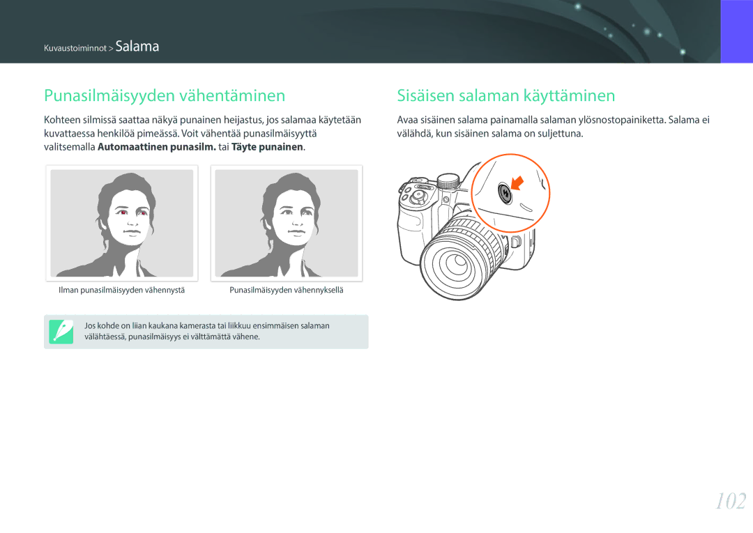 Samsung EV-NX30ZZBGBDK, EV-NX30ZZBGBSE manual 102, Punasilmäisyyden vähentäminen Sisäisen salaman käyttäminen 