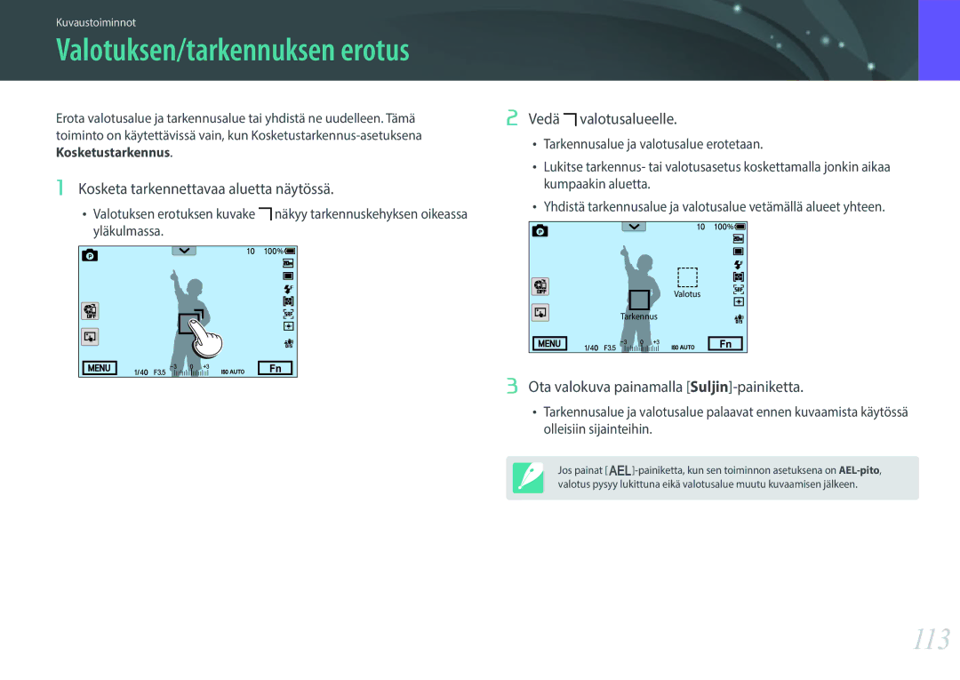 Samsung EV-NX30ZZBGBSE, EV-NX30ZZBGBDK manual Valotuksen/tarkennuksen erotus, 113 