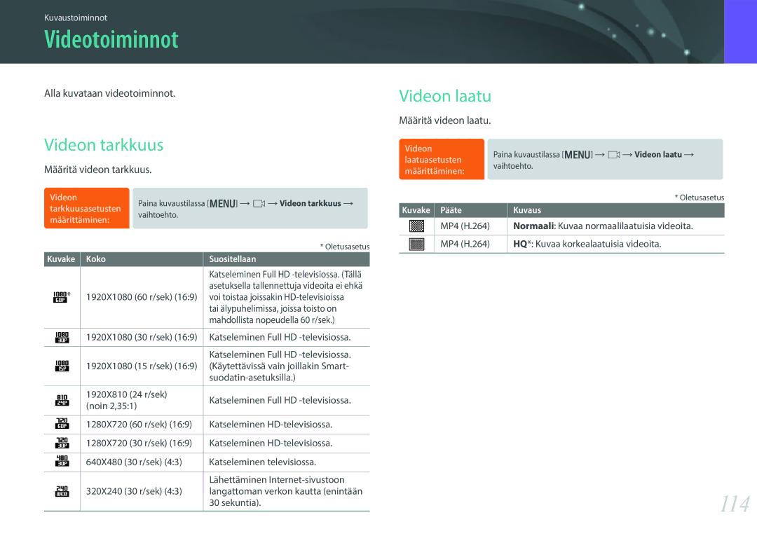 Samsung EV-NX30ZZBGBDK, EV-NX30ZZBGBSE manual Videotoiminnot, 114, Videon laatu, Videon tarkkuus 