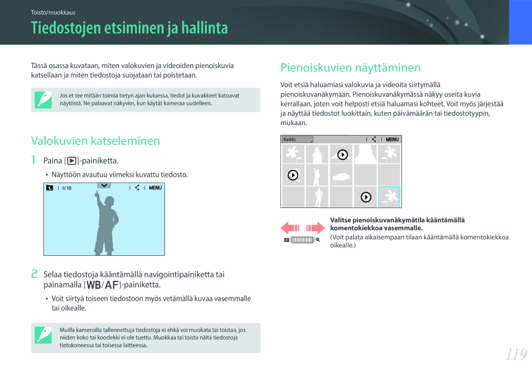 Samsung EV-NX30ZZBGBSE, EV-NX30ZZBGBDK manual 119, Valokuvien katseleminen, Pienoiskuvien näyttäminen, Paina y-painiketta 