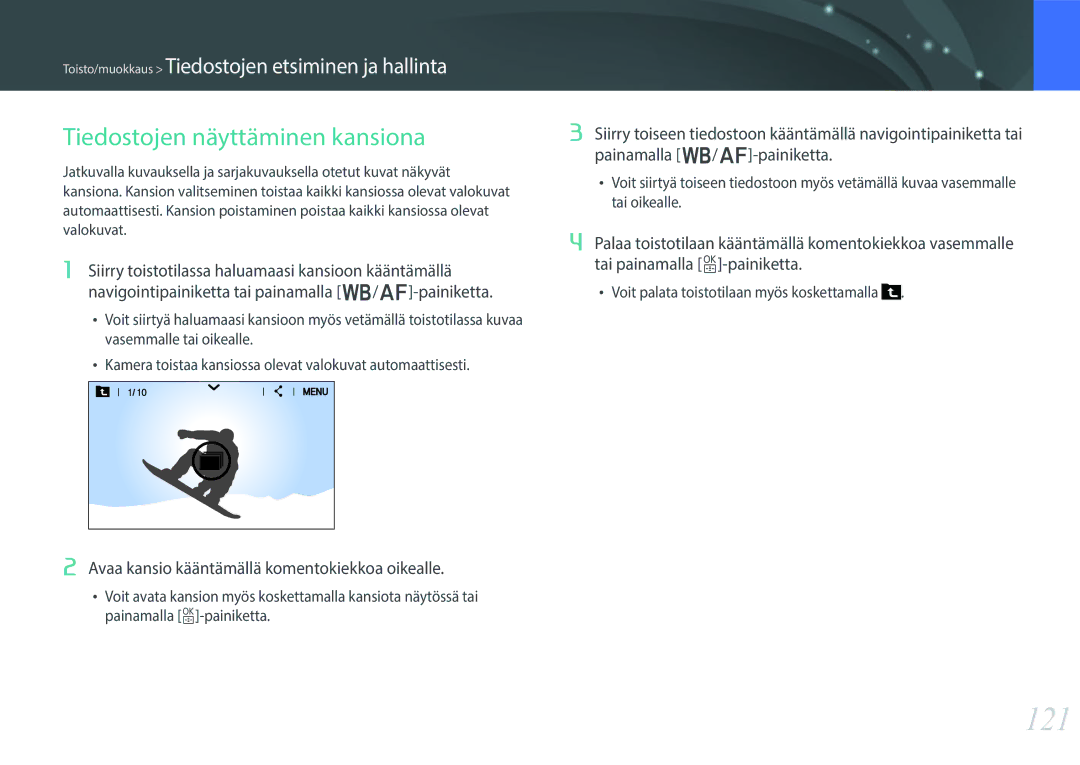 Samsung EV-NX30ZZBGBSE manual 121, Tiedostojen näyttäminen kansiona, Avaa kansio kääntämällä komentokiekkoa oikealle 