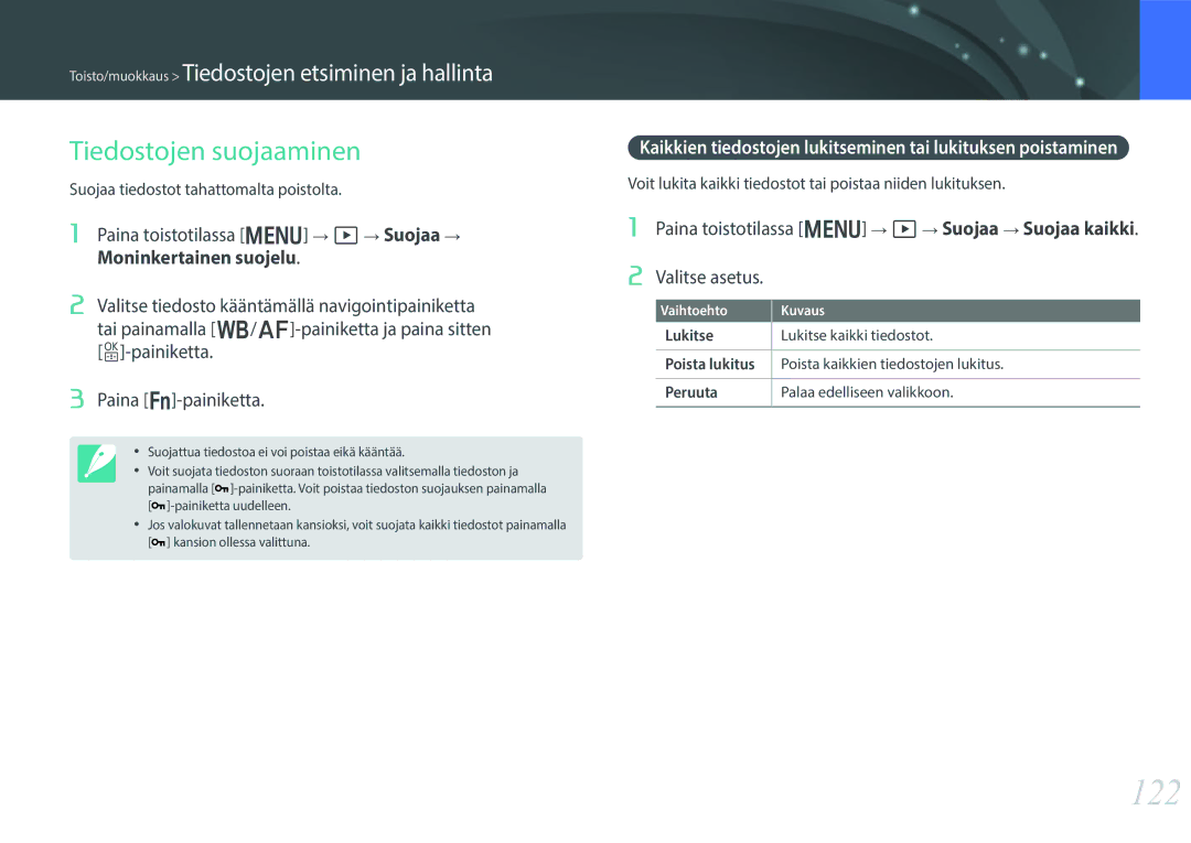 Samsung EV-NX30ZZBGBDK manual 122, Tiedostojen suojaaminen, Paina toistotilassa m z Suojaa Suojaa kaikki Valitse asetus 