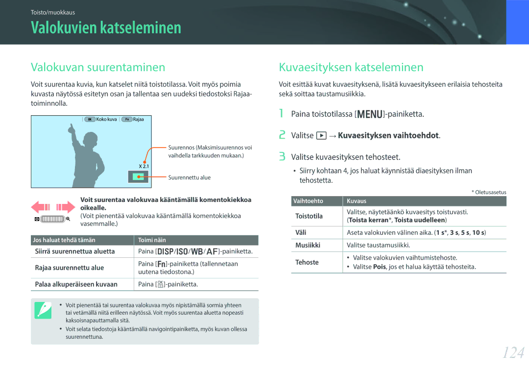 Samsung EV-NX30ZZBGBDK, EV-NX30ZZBGBSE Valokuvien katseleminen, 124, Valokuvan suurentaminen, Kuvaesityksen katseleminen 