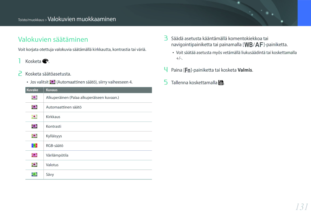 Samsung EV-NX30ZZBGBSE, EV-NX30ZZBGBDK manual 131, Kosketa Kosketa säätöasetusta 