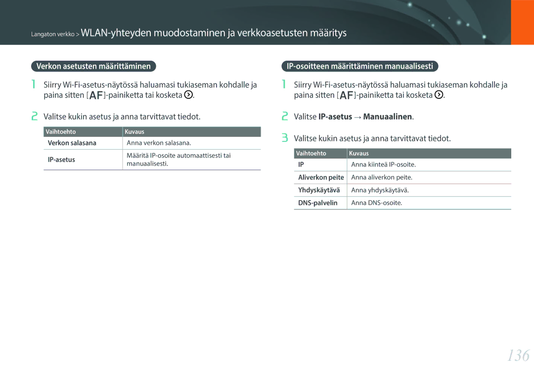 Samsung EV-NX30ZZBGBDK, EV-NX30ZZBGBSE manual 136, Verkon asetusten määrittäminen, IP-osoitteen määrittäminen manuaalisesti 