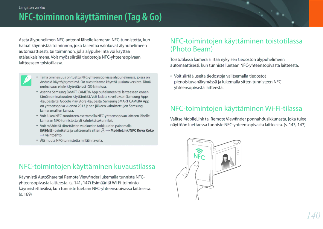 Samsung EV-NX30ZZBGBDK manual 140, NFC-toimintojen käyttäminen kuvaustilassa, NFC-toimintojen käyttäminen Wi-Fi-tilassa 