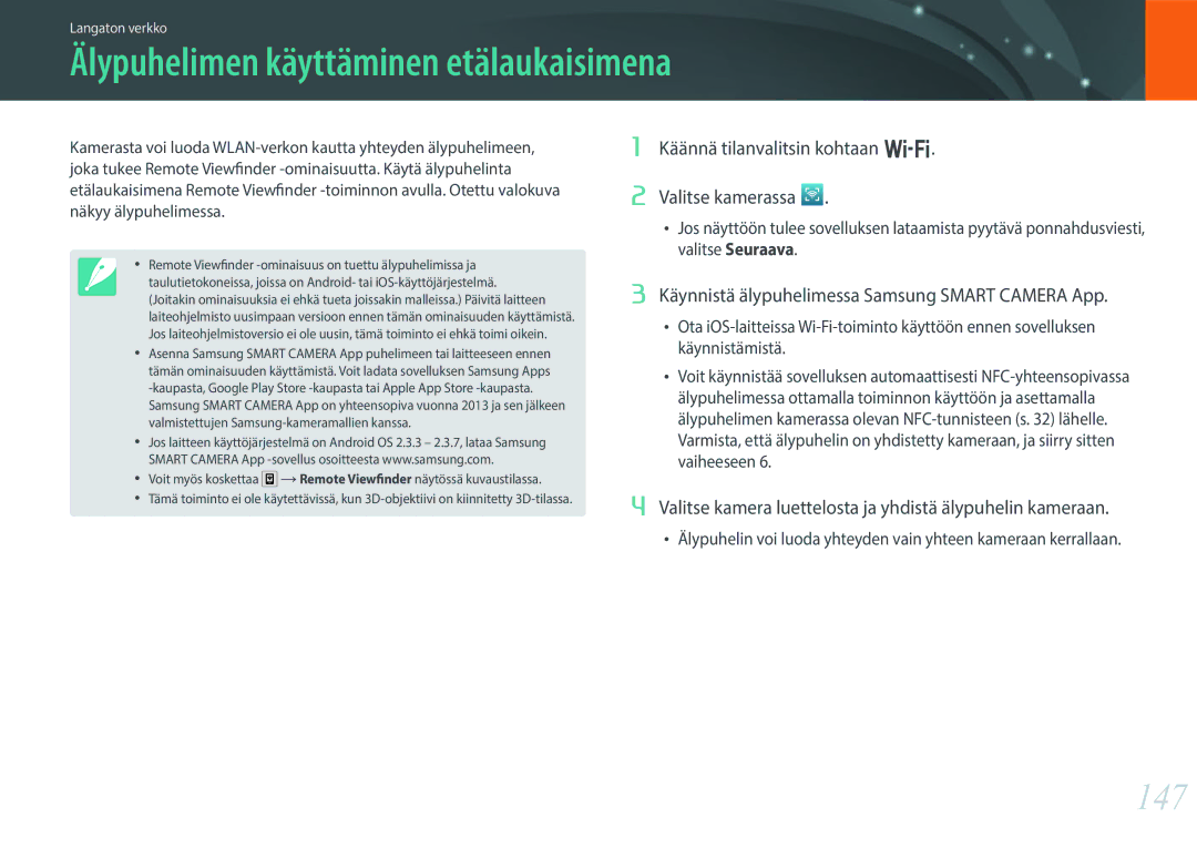 Samsung EV-NX30ZZBGBSE, EV-NX30ZZBGBDK manual Älypuhelimen käyttäminen etälaukaisimena, 147 