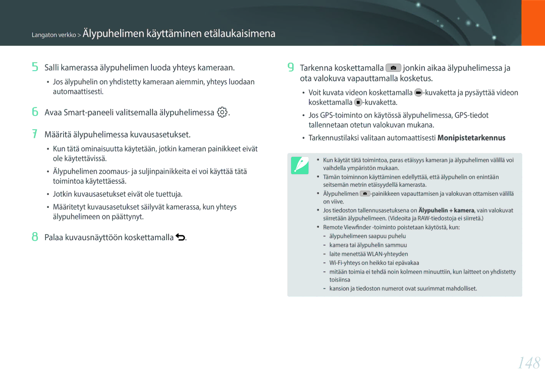 Samsung EV-NX30ZZBGBDK, EV-NX30ZZBGBSE manual 148, Palaa kuvausnäyttöön koskettamalla 