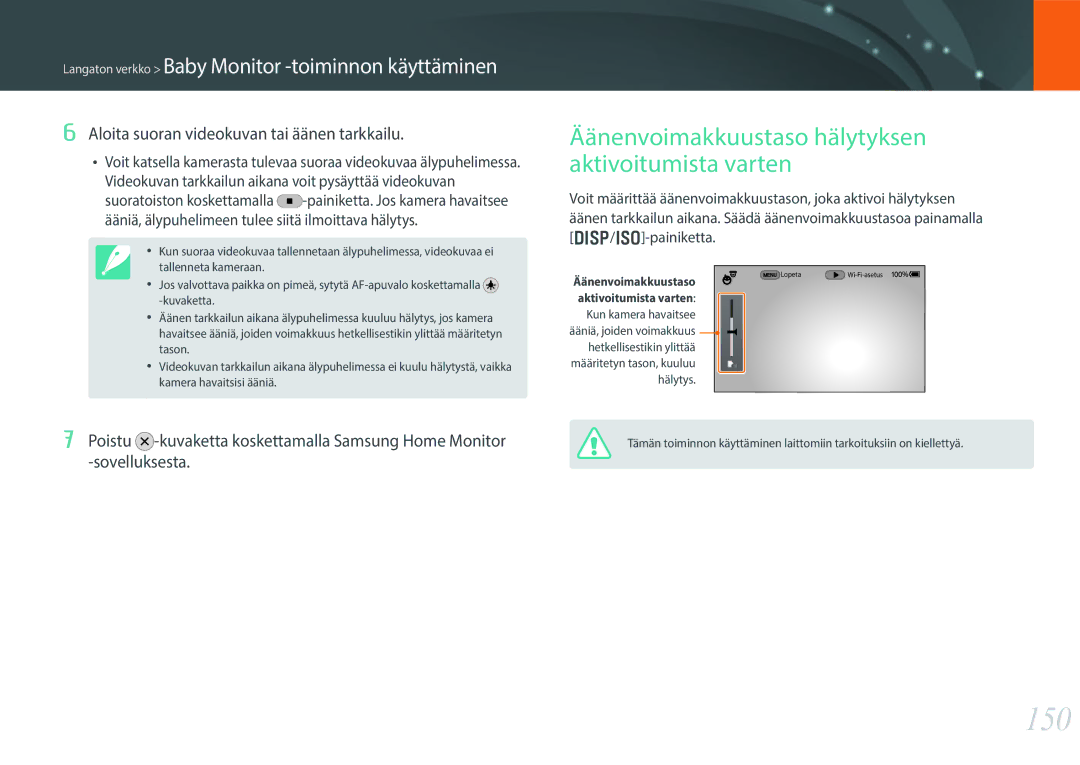 Samsung EV-NX30ZZBGBDK, EV-NX30ZZBGBSE manual 150, Äänenvoimakkuustaso hälytyksen aktivoitumista varten 