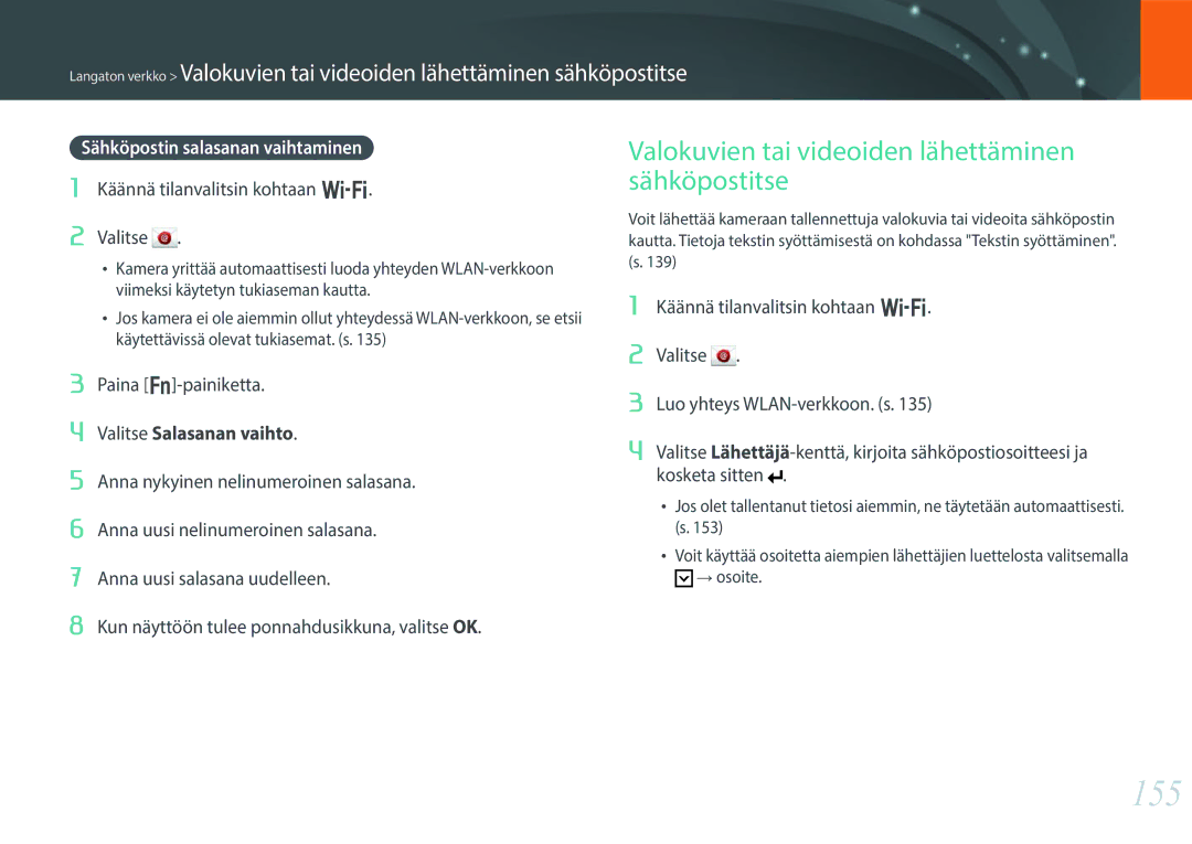 Samsung EV-NX30ZZBGBSE manual 155, Valokuvien tai videoiden lähettäminen sähköpostitse, Sähköpostin salasanan vaihtaminen 