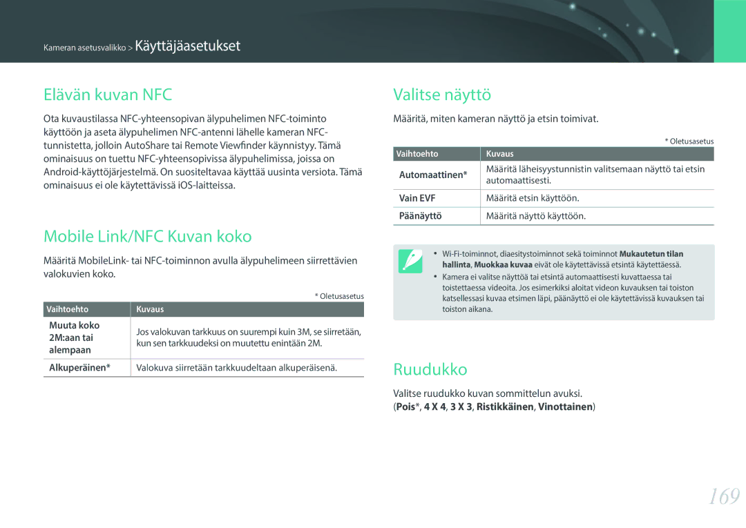 Samsung EV-NX30ZZBGBSE, EV-NX30ZZBGBDK manual 169, Elävän kuvan NFC, Mobile Link/NFC Kuvan koko, Valitse näyttö, Ruudukko 