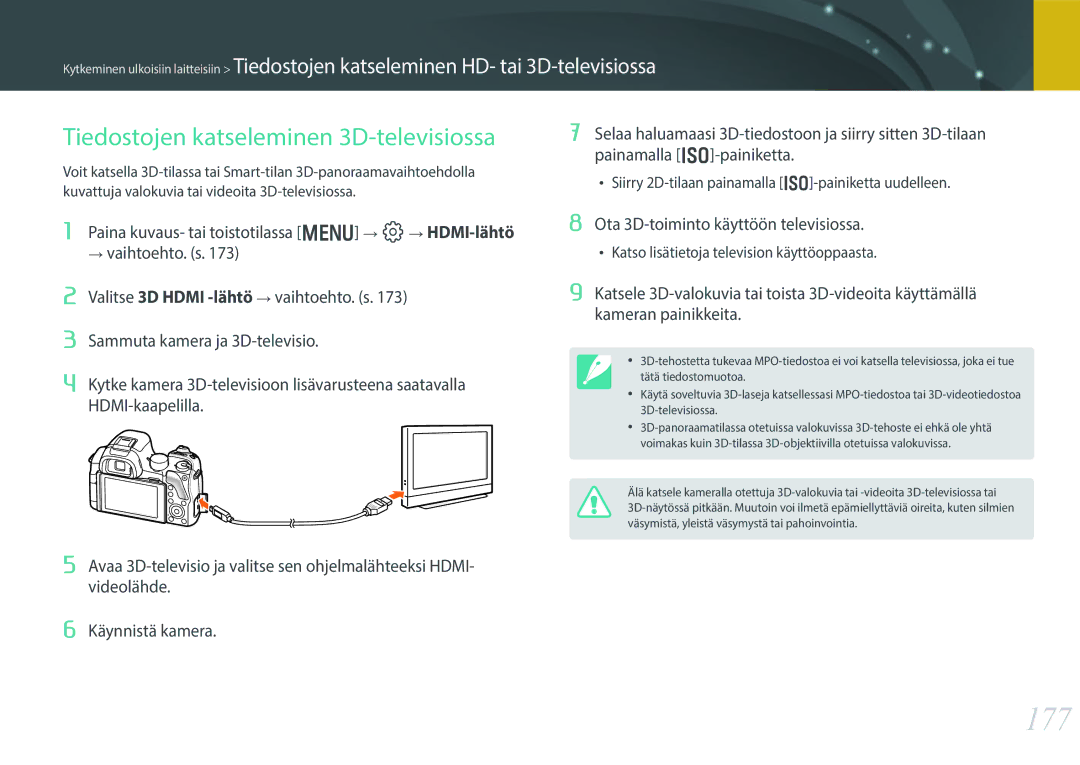 Samsung EV-NX30ZZBGBSE, EV-NX30ZZBGBDK manual 177, Tiedostojen katseleminen 3D-televisiossa 