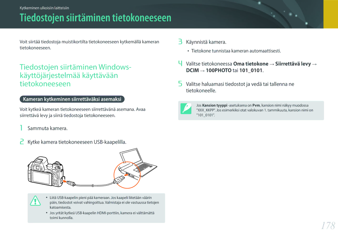 Samsung EV-NX30ZZBGBDK, EV-NX30ZZBGBSE manual 178, Kameran kytkeminen siirrettäväksi asemaksi 