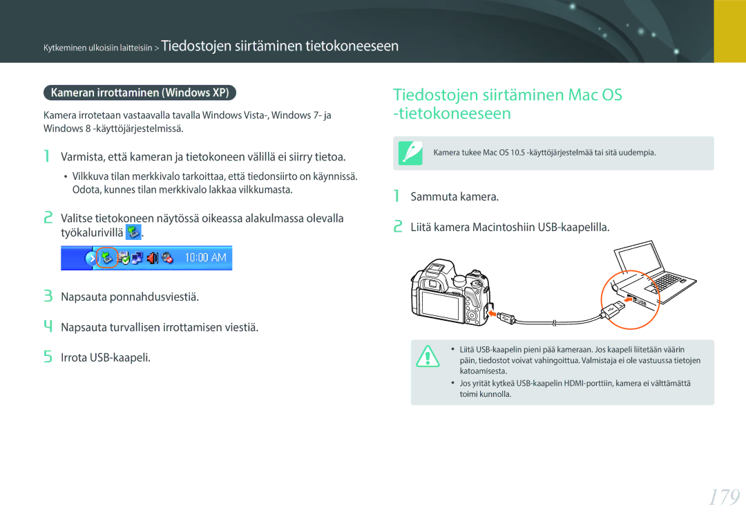 Samsung EV-NX30ZZBGBSE manual 179, Tiedostojen siirtäminen Mac OS -tietokoneeseen, Kameran irrottaminen Windows XP 