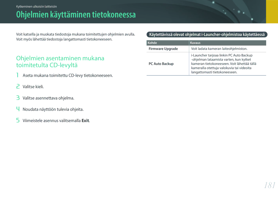 Samsung EV-NX30ZZBGBSE manual 181, Ohjelmien asentaminen mukana toimitetulta CD-levyltä, Firmware Upgrade, PC Auto Backup 