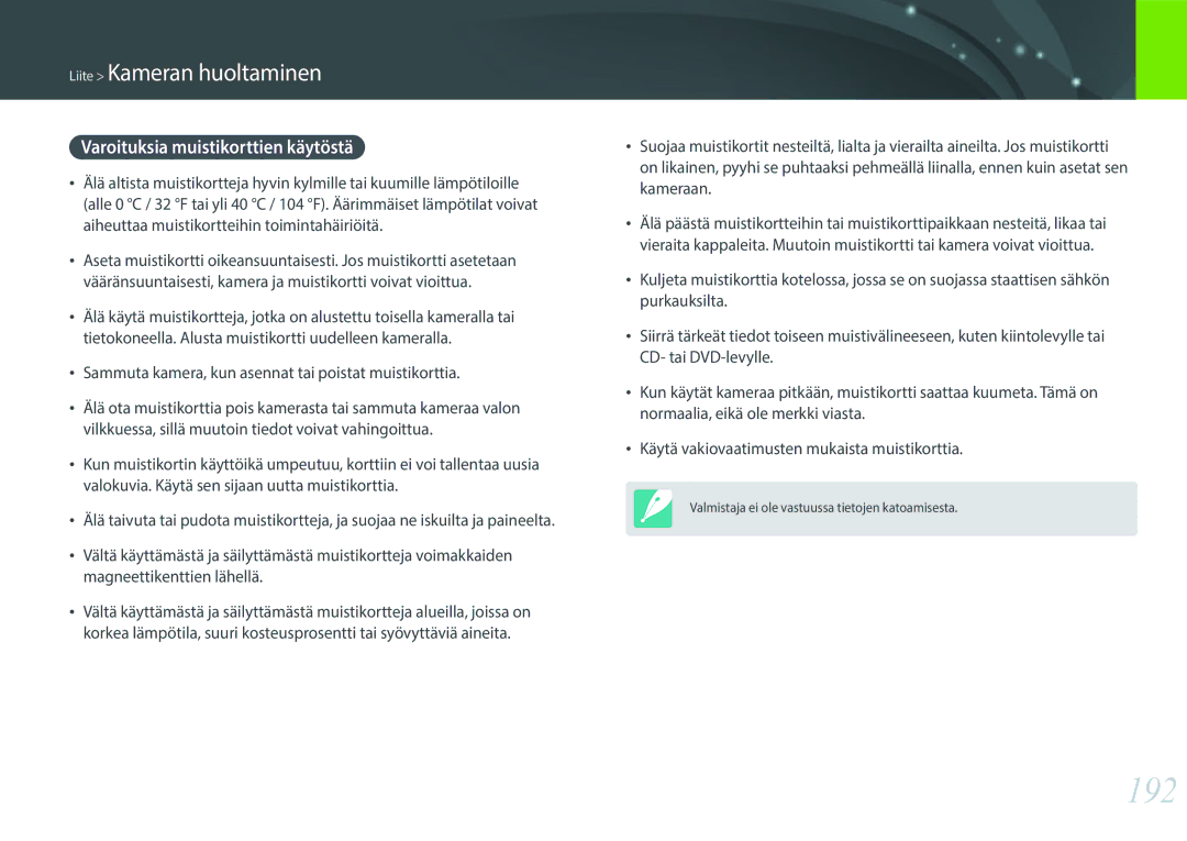 Samsung EV-NX30ZZBGBDK, EV-NX30ZZBGBSE manual 192, Varoituksia muistikorttien käytöstä 