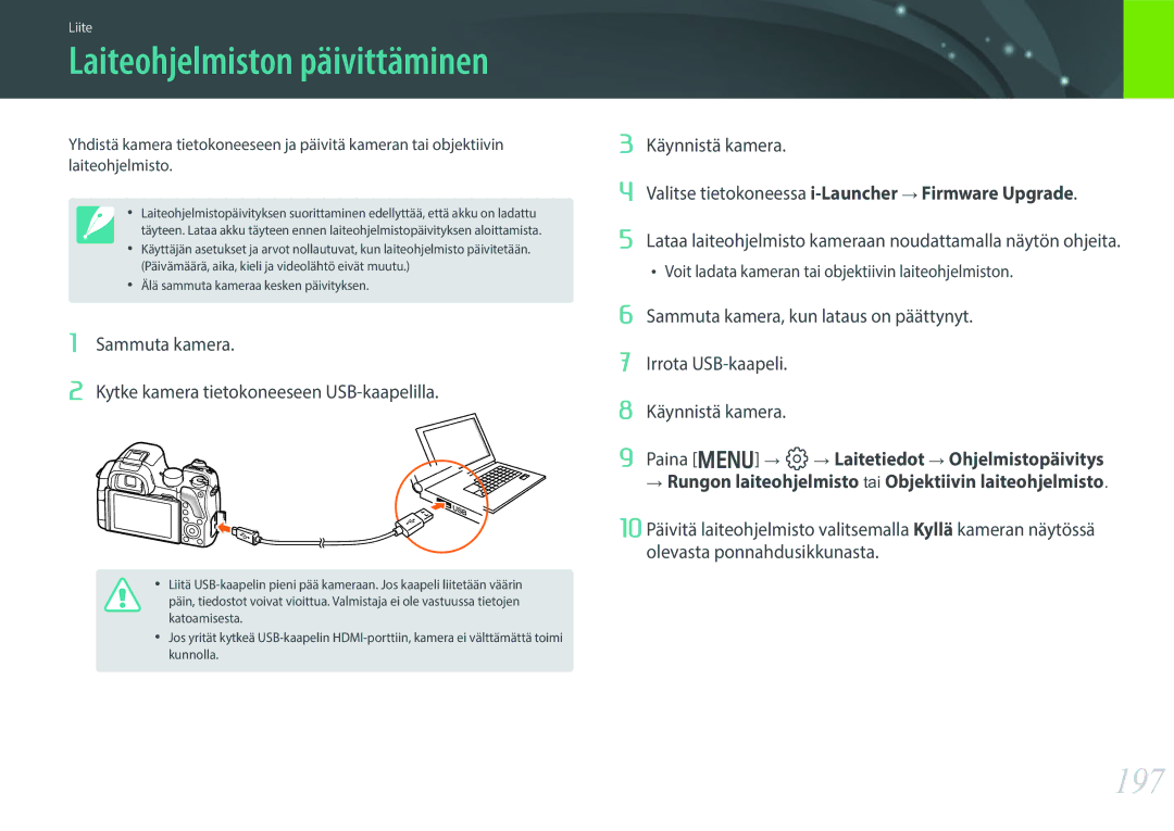 Samsung EV-NX30ZZBGBSE, EV-NX30ZZBGBDK manual 197, Lataa laiteohjelmisto kameraan noudattamalla näytön ohjeita 