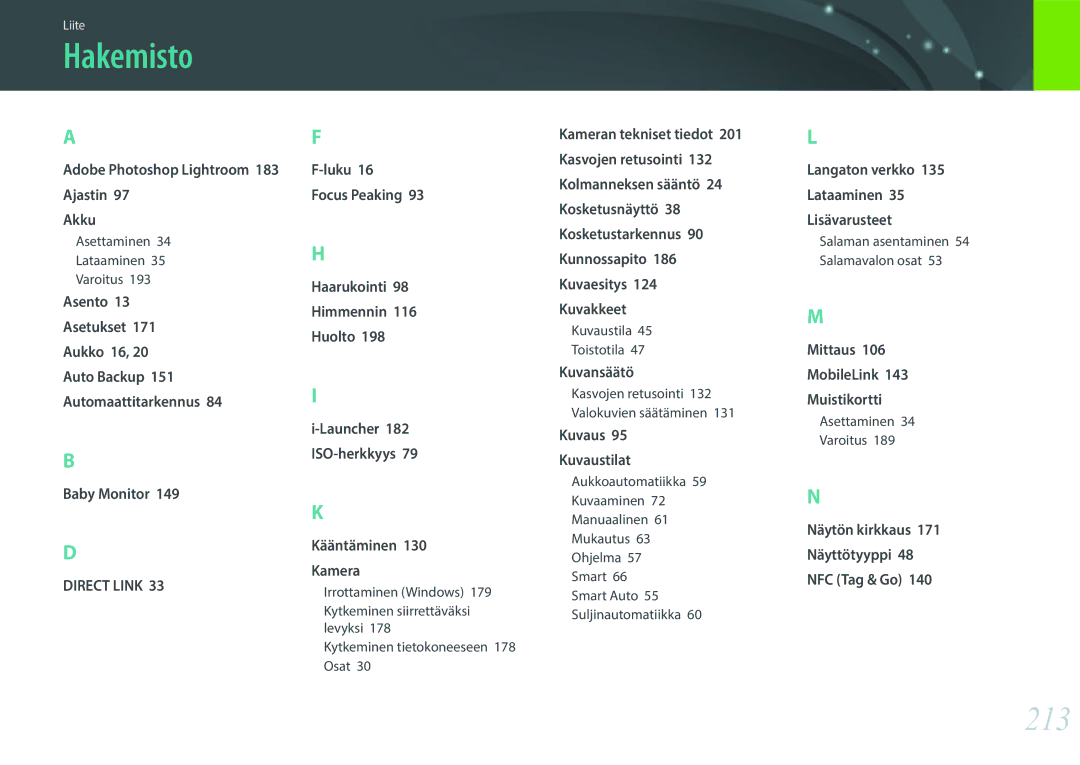 Samsung EV-NX30ZZBGBSE, EV-NX30ZZBGBDK manual Hakemisto, 213, Adobe Photoshop Lightroom, Launcher 182 ISO-herkkyys 
