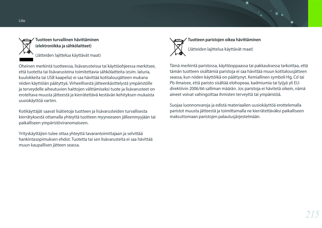 Samsung EV-NX30ZZBGBSE, EV-NX30ZZBGBDK manual 215, Jätteiden lajittelua käyttävät maat 