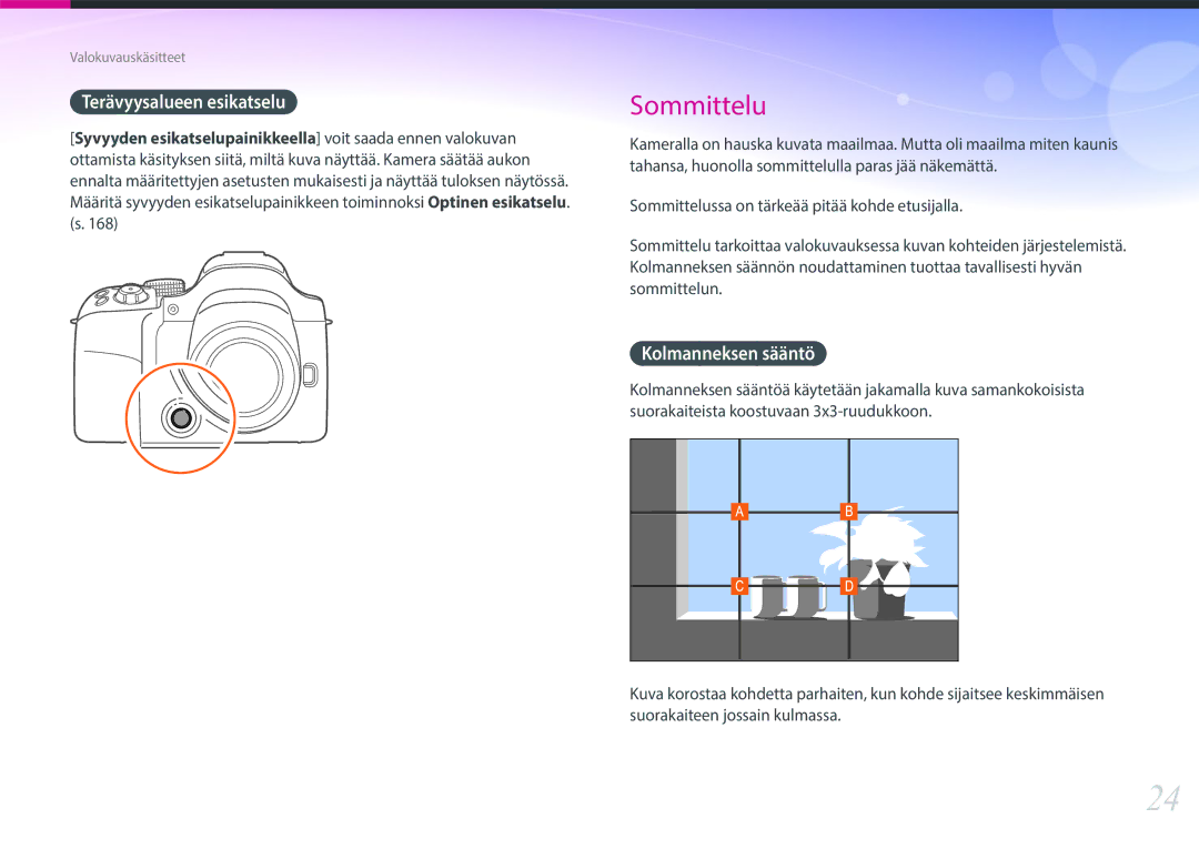 Samsung EV-NX30ZZBGBDK, EV-NX30ZZBGBSE manual Terävyysalueen esikatselu, Kolmanneksen sääntö 