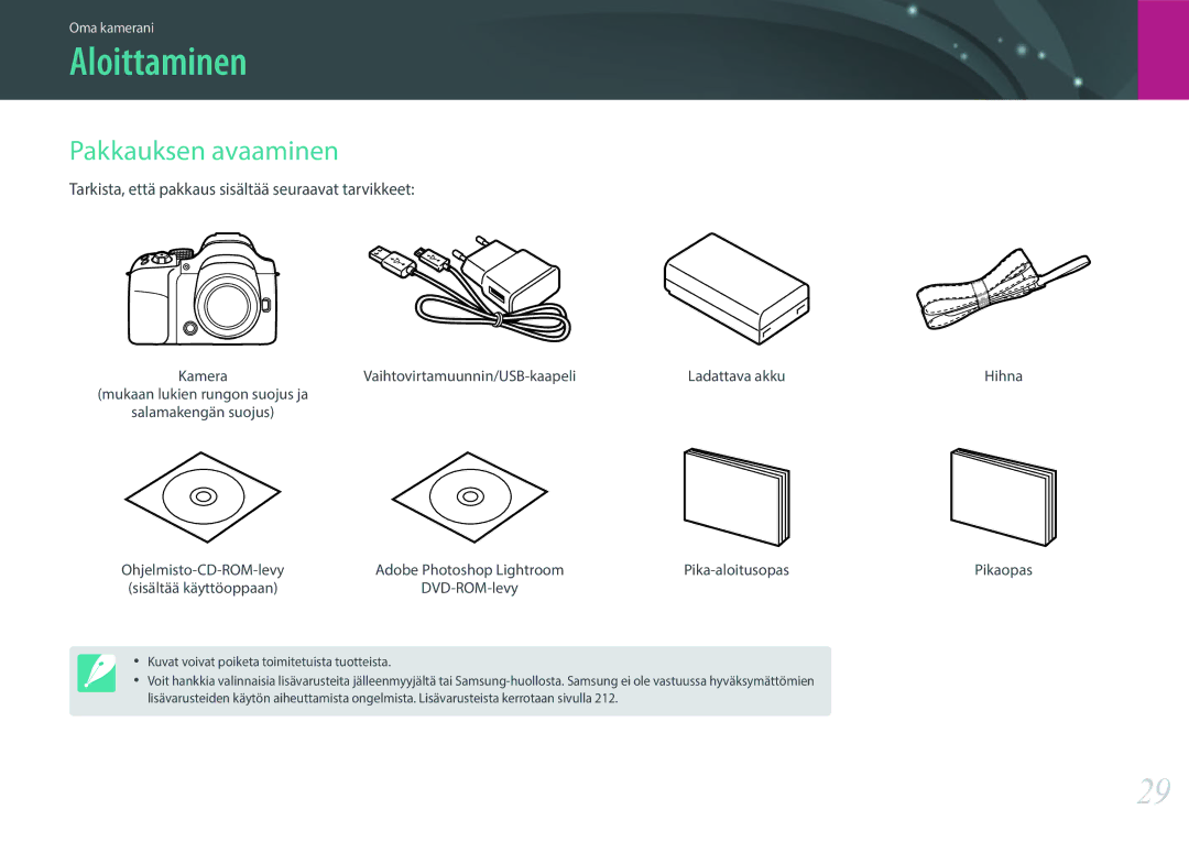 Samsung EV-NX30ZZBGBSE manual Aloittaminen, Pakkauksen avaaminen, Tarkista, että pakkaus sisältää seuraavat tarvikkeet 