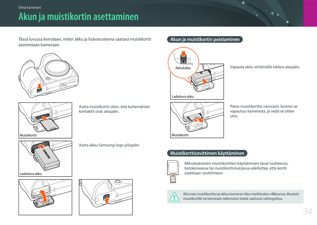 Samsung EV-NX30ZZBGBDK, EV-NX30ZZBGBSE manual Akun ja muistikortin poistaminen, Muistikorttisovittimen käyttäminen 