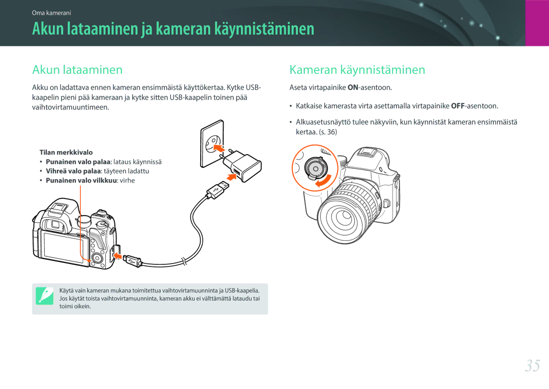 Samsung EV-NX30ZZBGBSE, EV-NX30ZZBGBDK Akun lataaminen ja kameran käynnistäminen, Kameran käynnistäminen, Tilan merkkivalo 