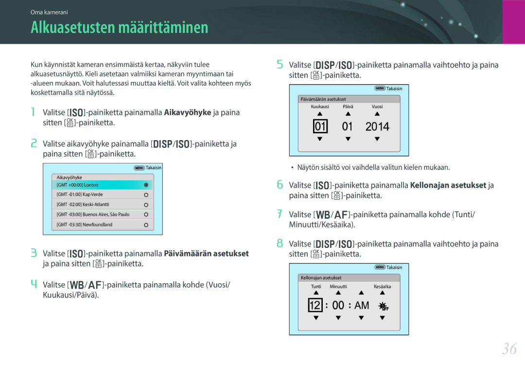 Samsung EV-NX30ZZBGBDK, EV-NX30ZZBGBSE manual Alkuasetusten määrittäminen 