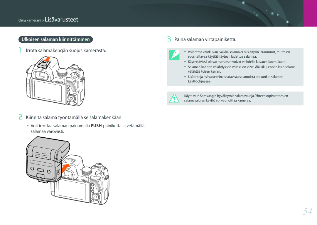 Samsung EV-NX30ZZBGBDK, EV-NX30ZZBGBSE manual Ulkoisen salaman kiinnittäminen, Paina salaman virtapainiketta 