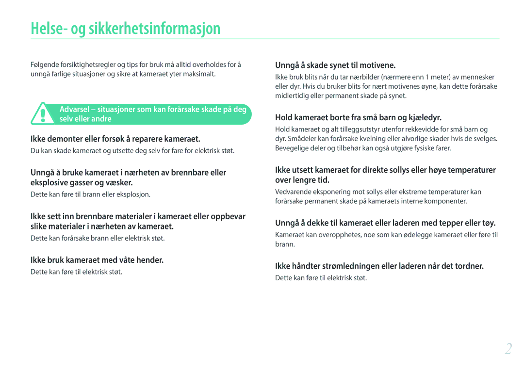 Samsung EV-NX30ZZBGBDK, EV-NX30ZZBGBSE manual Helse- og sikkerhetsinformasjon 