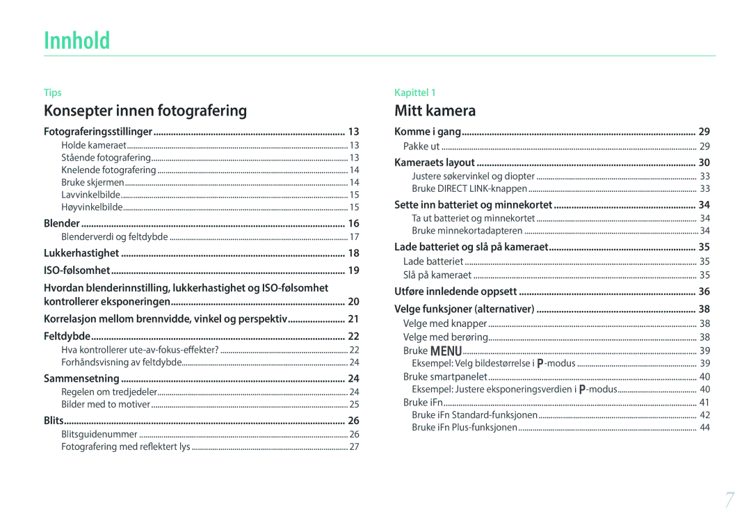 Samsung EV-NX30ZZBGBSE, EV-NX30ZZBGBDK manual Innhold, Hvordan blenderinnstilling, lukkerhastighet og ISO-følsomhet 