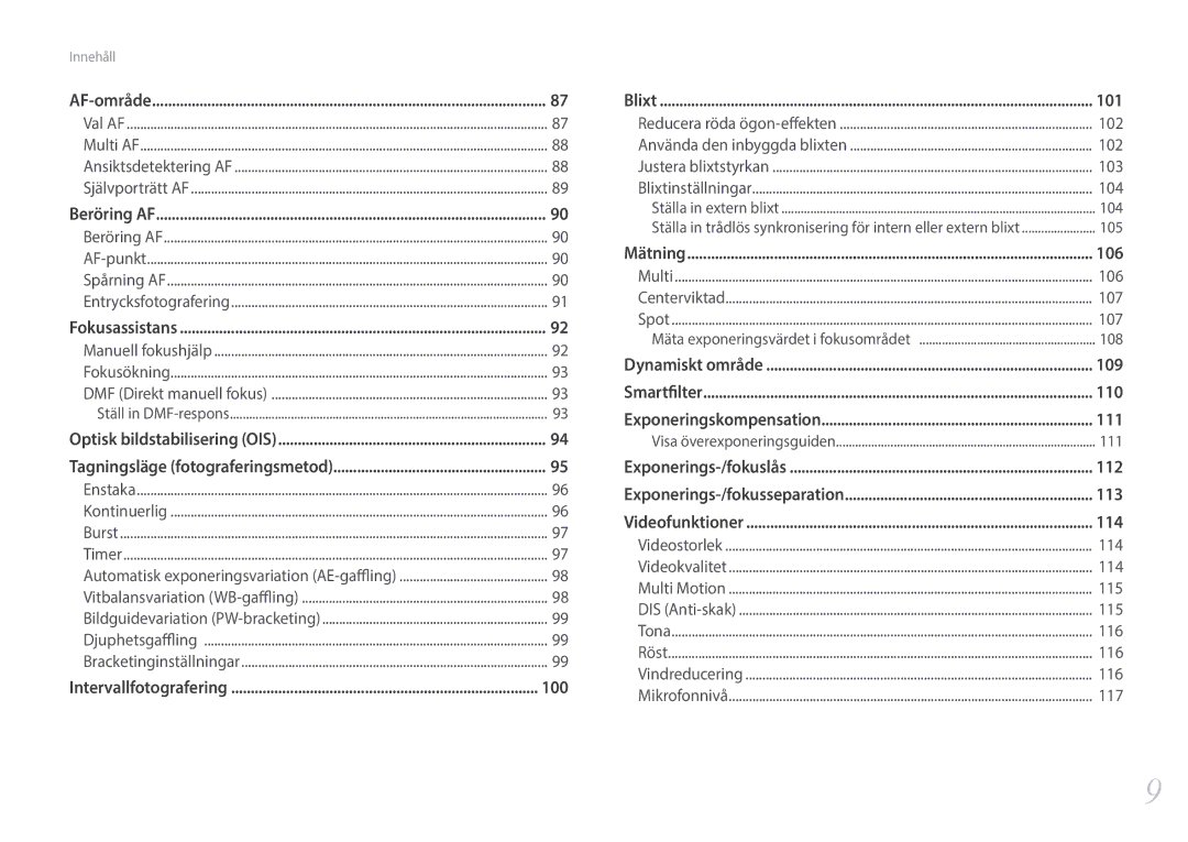 Samsung EV-NX30ZZBGBSE, EV-NX30ZZBGBDK manual 100, 101, 106, 109, 111, 112, 113, 114 