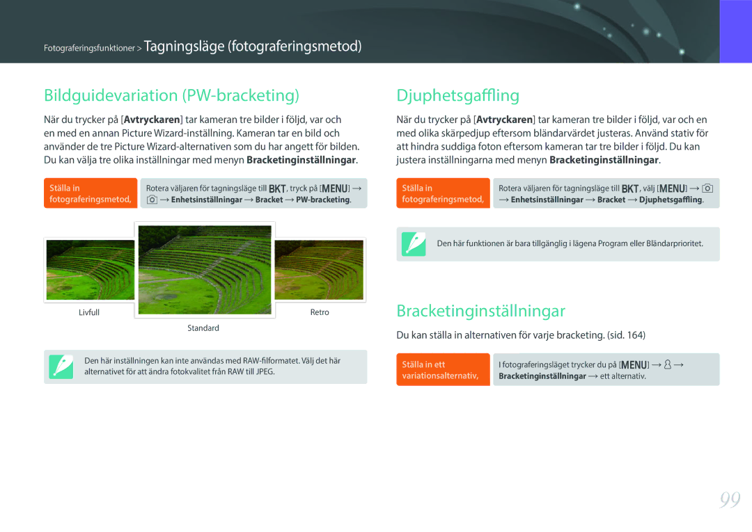 Samsung EV-NX30ZZBGBSE, EV-NX30ZZBGBDK manual Bildguidevariation PW-bracketing, Djuphetsgaffling, Bracketinginställningar 