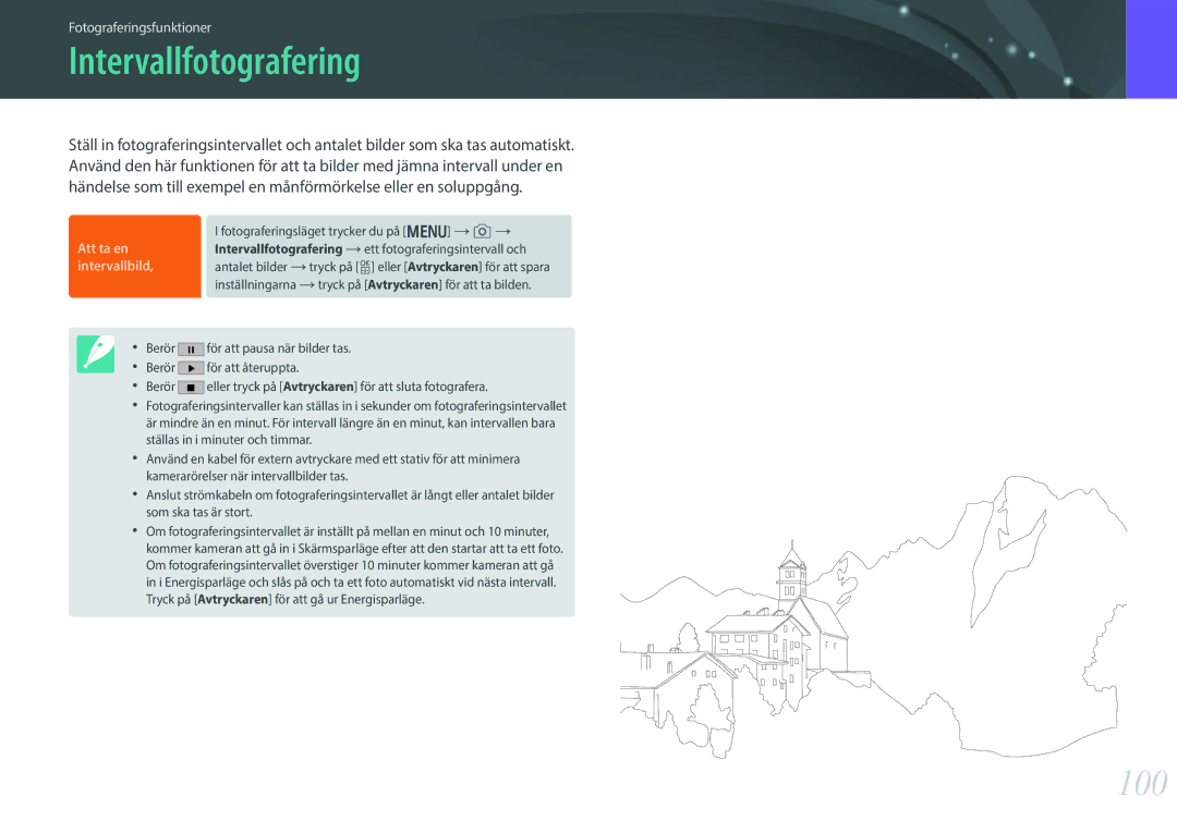 Samsung EV-NX30ZZBGBDK, EV-NX30ZZBGBSE manual Intervallfotografering, 100 