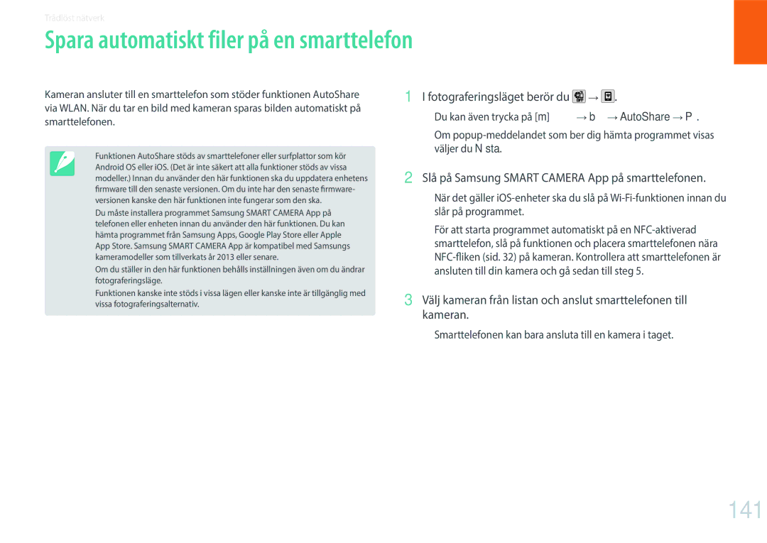 Samsung EV-NX30ZZBGBSE manual 141, Fotograferingsläget berör du, Slå på Samsung Smart Camera App på smarttelefonen 