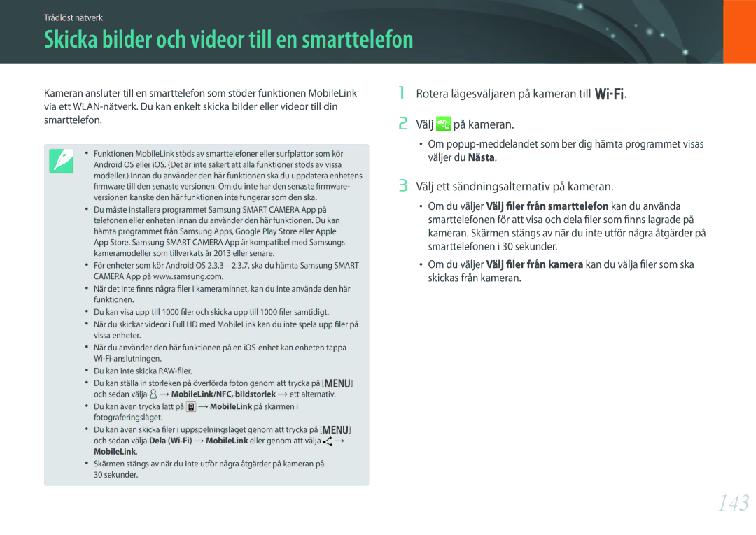 Samsung EV-NX30ZZBGBSE manual Skicka bilder och videor till en smarttelefon, 143, Välj ett sändningsalternativ på kameran 