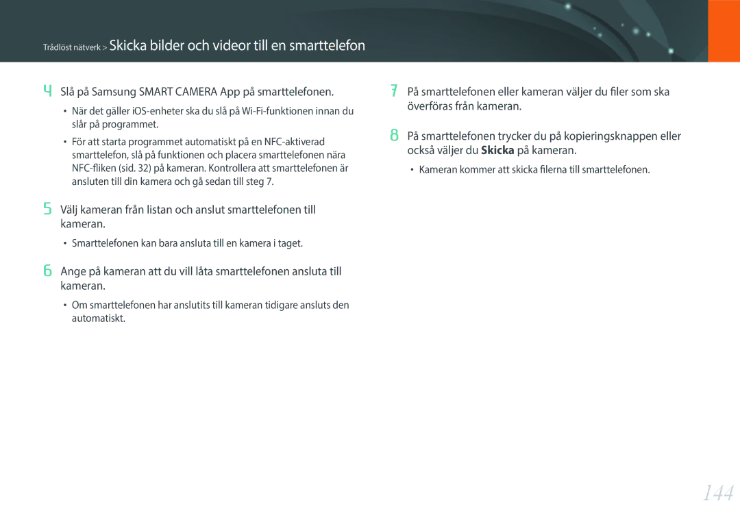 Samsung EV-NX30ZZBGBDK, EV-NX30ZZBGBSE manual 144, Slå på Samsung Smart Camera App på smarttelefonen 