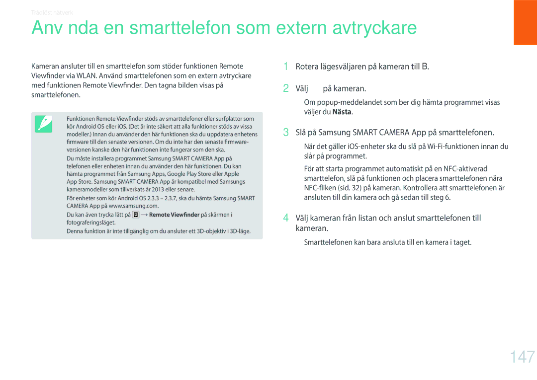 Samsung EV-NX30ZZBGBSE, EV-NX30ZZBGBDK manual Använda en smarttelefon som extern avtryckare, 147 