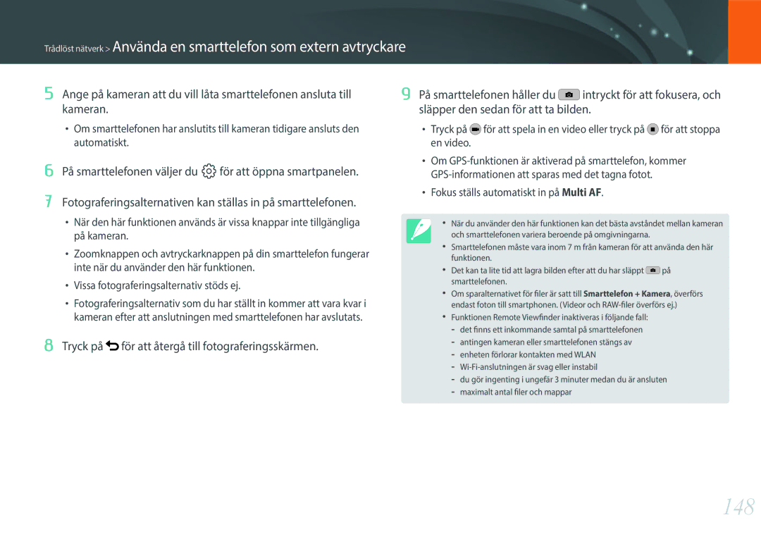 Samsung EV-NX30ZZBGBDK, EV-NX30ZZBGBSE manual 148, Fokus ställs automatiskt in på Multi AF 