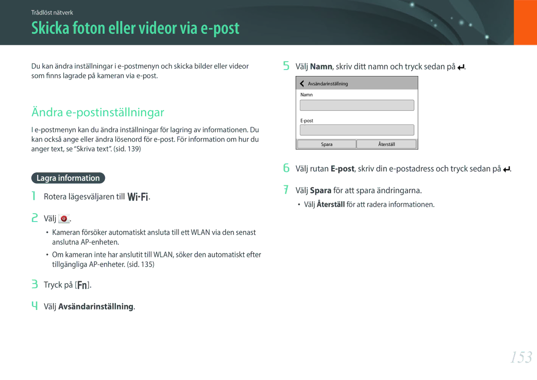 Samsung EV-NX30ZZBGBSE manual Skicka foton eller videor via e-post, 153, Ändra e-postinställningar, Lagra information 