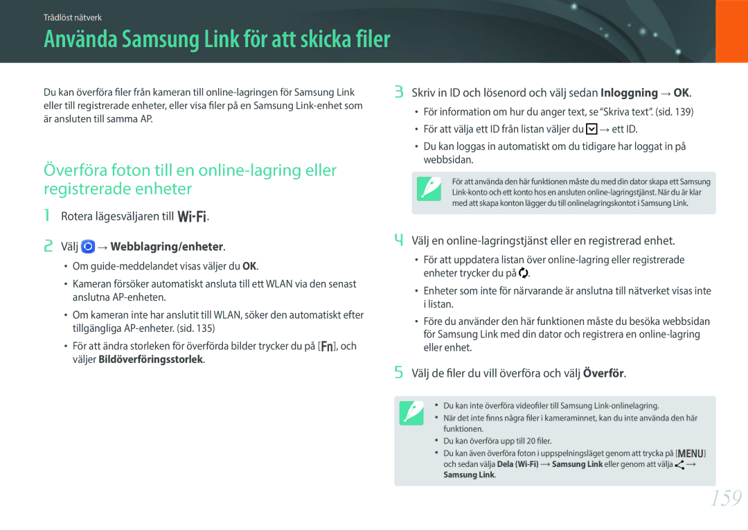 Samsung EV-NX30ZZBGBSE manual Använda Samsung Link för att skicka filer, 159, Överföra foton till en online-lagring eller 