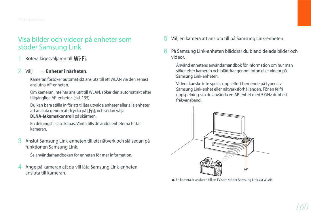 Samsung EV-NX30ZZBGBDK manual 160, Visa bilder och videor på enheter som stöder Samsung Link, Välj Enheter i närheten 